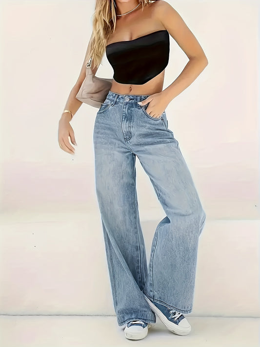 Women's Casual Wide Leg Jeans, Plain Washed Blue Denim Pants, Comfort Fit With Classic Design