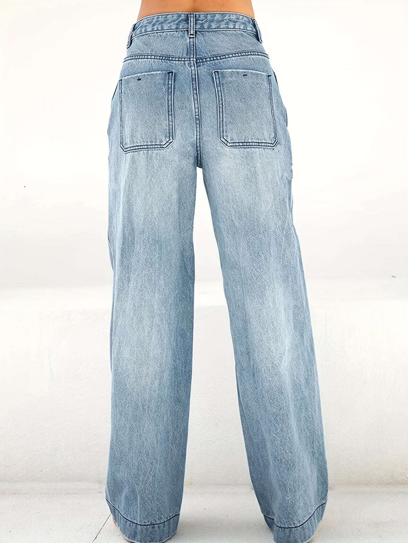 Women's Casual Wide Leg Jeans, Plain Washed Blue Denim Pants, Comfort Fit With Classic Design