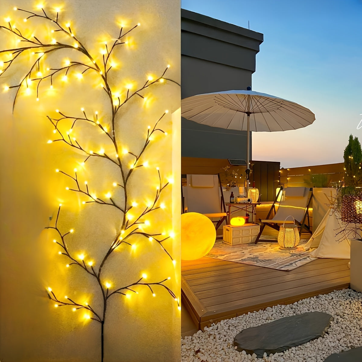 96-LED Flexible Willow Vine Lights - White Birch Style - 8 Mode Rattan Tree Decor