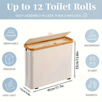 Boho-Chic Bamboo Toilet Paper Holder with Storage Basket - Multi-Functional Bathroom Organizer for Home & Office