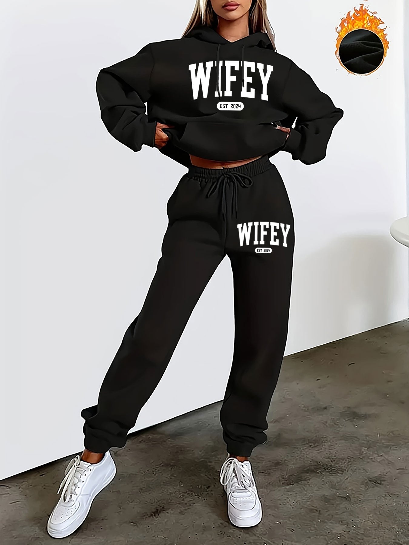 'Wifey' Graphic Fleece-Lined Hoodie and Joggers Set for Women