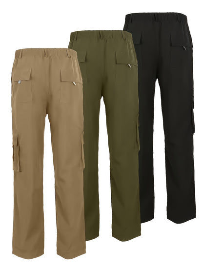 3PCS Men's Solid Color Loose Fit Pants, Men's Casual Cargo Pants For Outdoor Activity