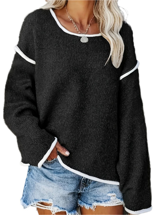 Contrast Trim Crew Neck Knit Sweater, Casual Long Sleeve Pullover Sweater, Women's Clothing