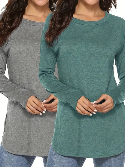 2-pack Solid Crew Neck T-Shirt, Casual Long Sleeve T-Shirt For Spring & Summer, Women's Clothing