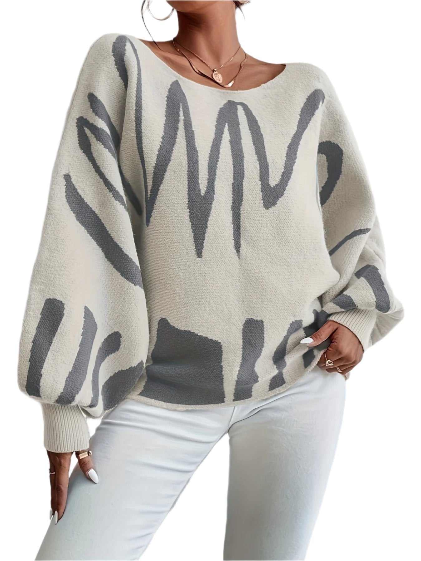 Cozy Lantern Sleeve Pullover Sweater - Soft, Casual, Relaxed Fit, Boat Neck, Random Pattern, Loose Style, Women's Clothing for Everyday Wear