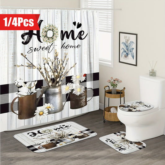 1/4pcs Deluxe White Daisy Pattern Shower Curtain Set