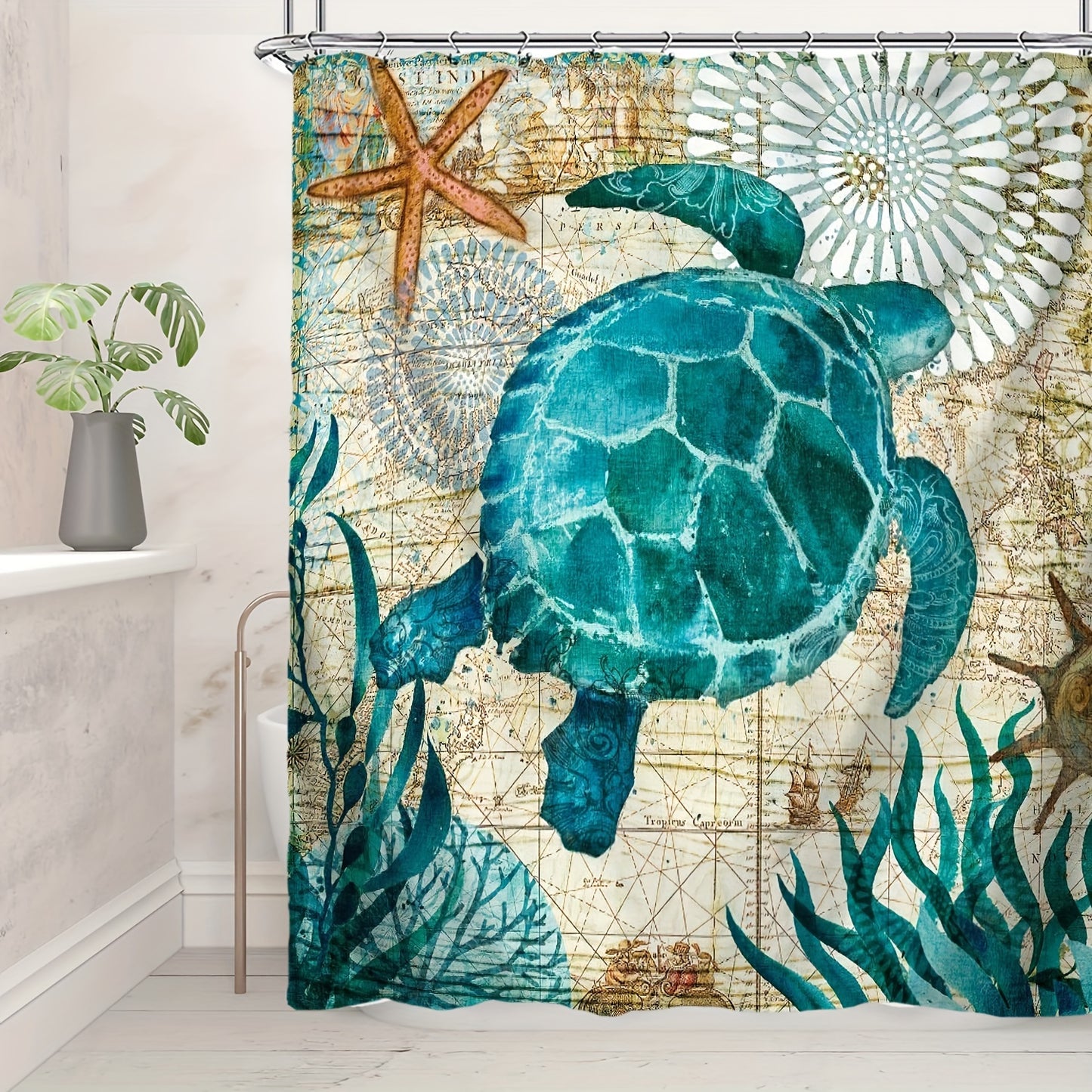 4pcs Luxurious Turtle Seaweed Pattern Shower Curtain Set - Waterproof Bathroom Essentials with U-Shaped Mat, Toilet Cover Mat, L-Shaped Mat, Hooks, and Stylish Home Decorations