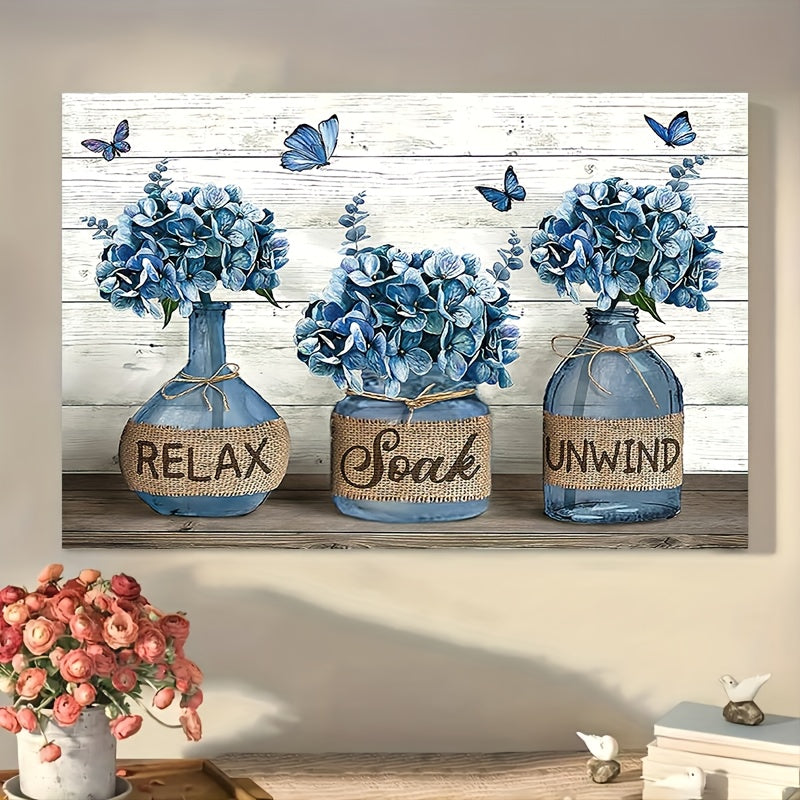 1pc Rustic Country Blue Hydrangea Bathroom Wall Art, Wooden Framed Canvas Painting, 11.8inch*15.7inch