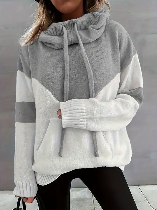 Color Block Drawstring Hooded Sweater - Adjustable Hood, Long Sleeves, Pullover Design, Convenient Pocket - Perfect for Casual Everyday Wear, Womens Clothing