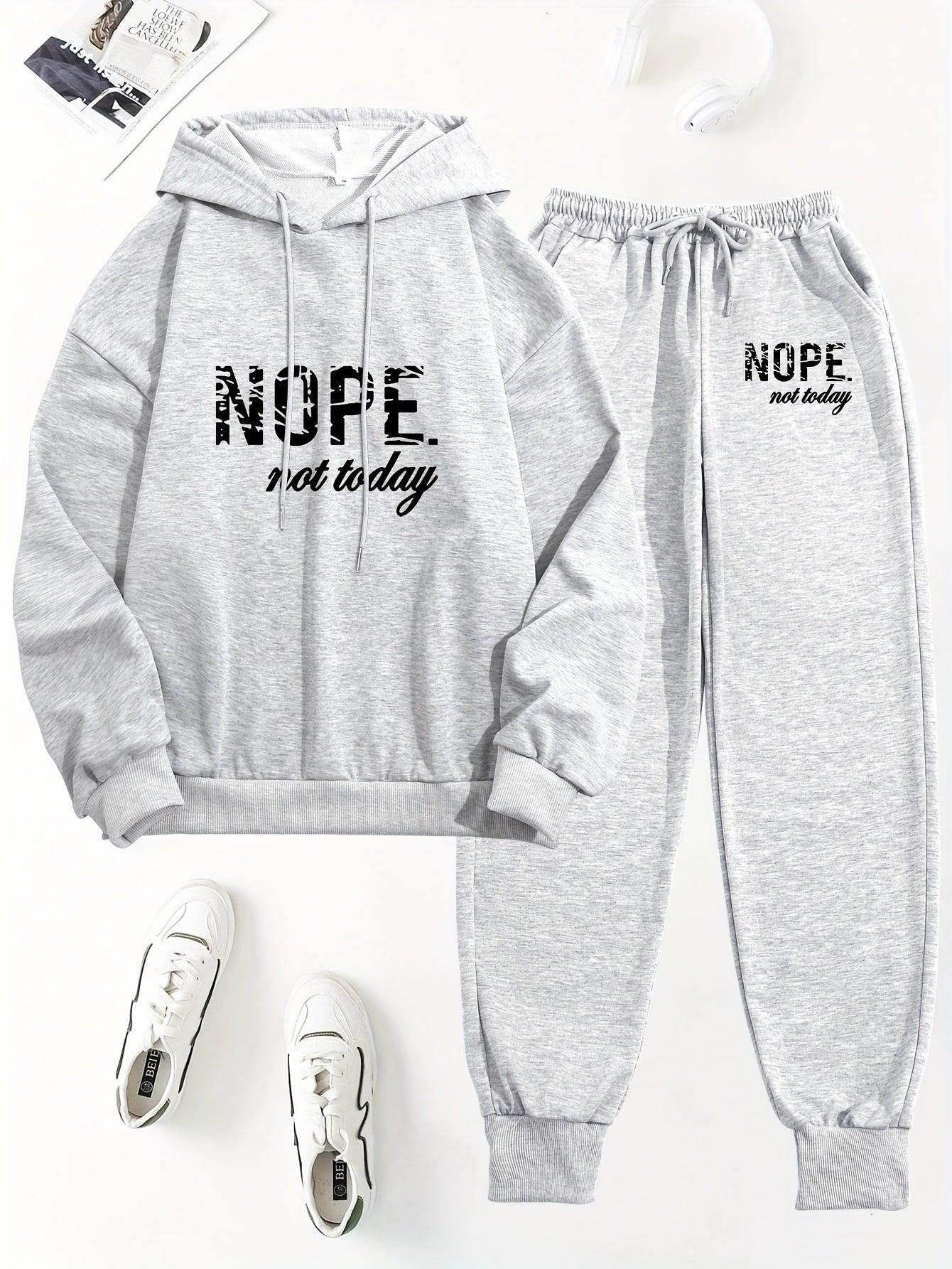 Casual Letter Print Pantsuits, Long Sleeve Drawstring Hooded Sweatshirt & Pocket Jogger Pants Outfits, Women's Clothing