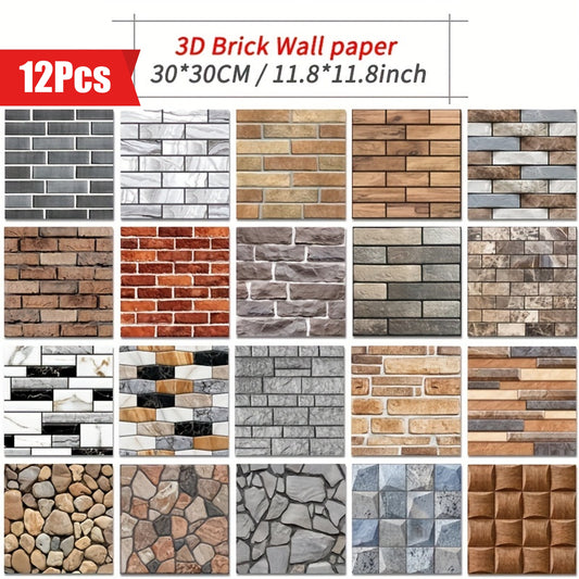 12pcs Peel-and-Stick 3D Wall Panels - Waterproof Faux Brick Tiles for Bathroom and Kitchen - Easy DIY Living Room Decor