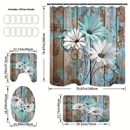 4pcs Daisy Pattern Wooden Board Printed Shower Curtain Set - Waterproof Bathroom Partition Curtain with Rust-Resistant Hooks, Non-Slip Bath Rug, U-Shape Toilet Mat, and Toilet Lid Cover Mat for a Safe and Stylish Bathroom - E