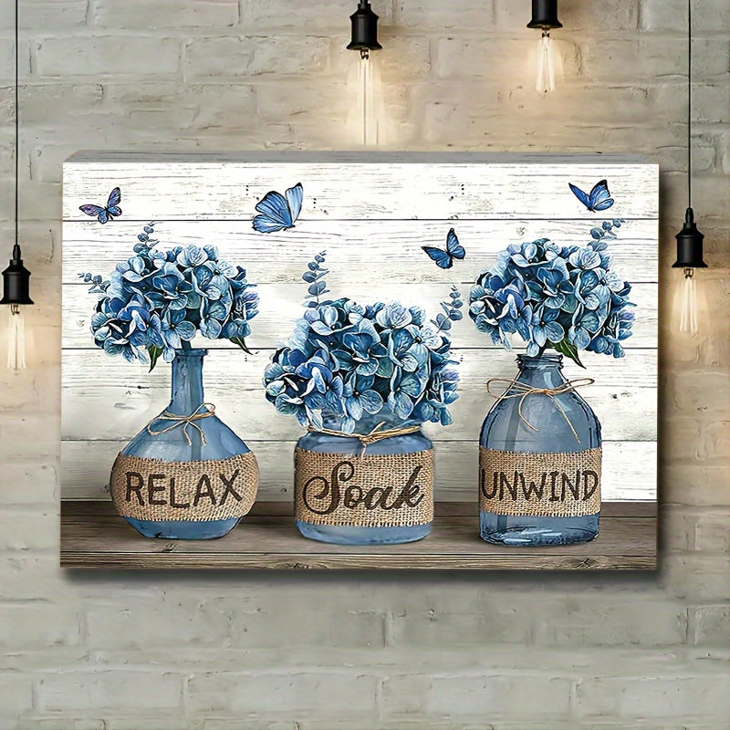 1pc Rustic Country Blue Hydrangea Bathroom Wall Art, Wooden Framed Canvas Painting, 11.8inch*15.7inch