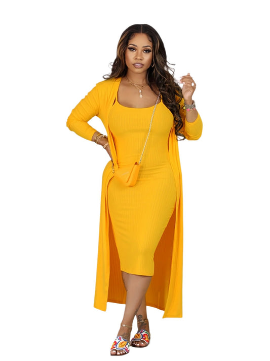 Casual Solid Ribbed Two-piece Dress Set, Long Sleeve Cardigan & Bodycon Cami Dress Outfits, Women's Clothing