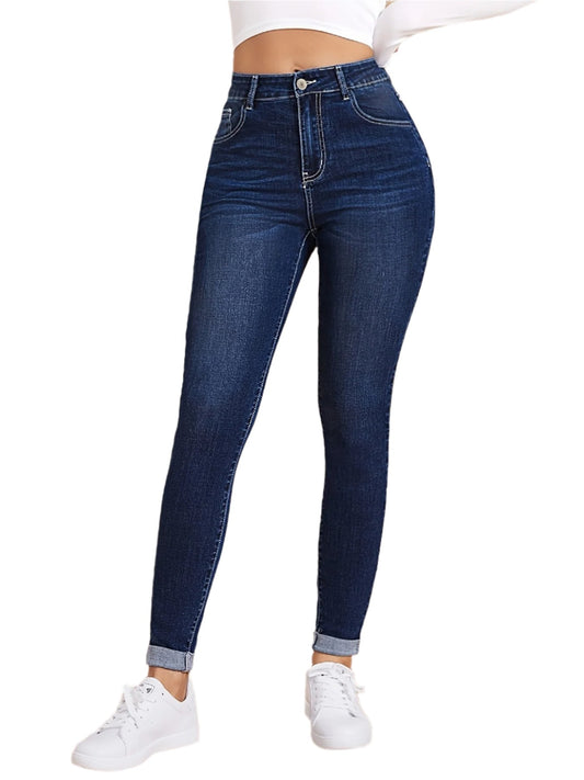 Plain Dark Blue Stretchy Skinny Fit Jeans, High Rise