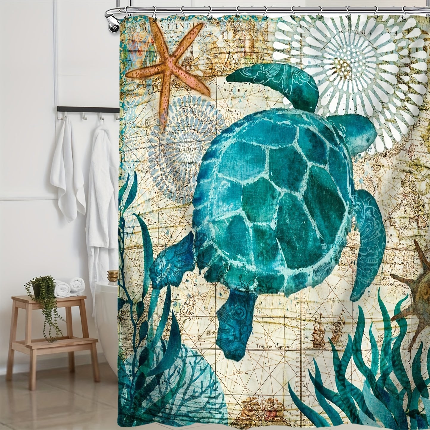 4pcs Luxurious Turtle Seaweed Pattern Shower Curtain Set - Waterproof Bathroom Essentials with U-Shaped Mat, Toilet Cover Mat, L-Shaped Mat, Hooks, and Stylish Home Decorations