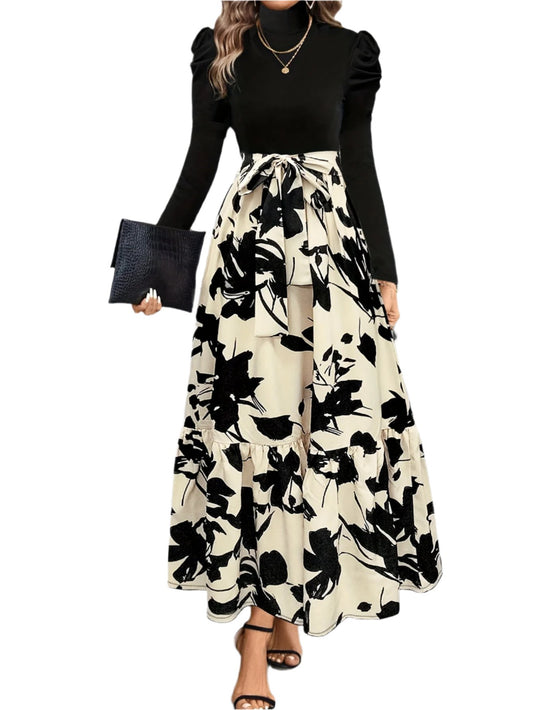 Elegant Floral Print Long Skirt and Solid Color Stand Collar Long Sleeve Suit Set, Ruffle Detail