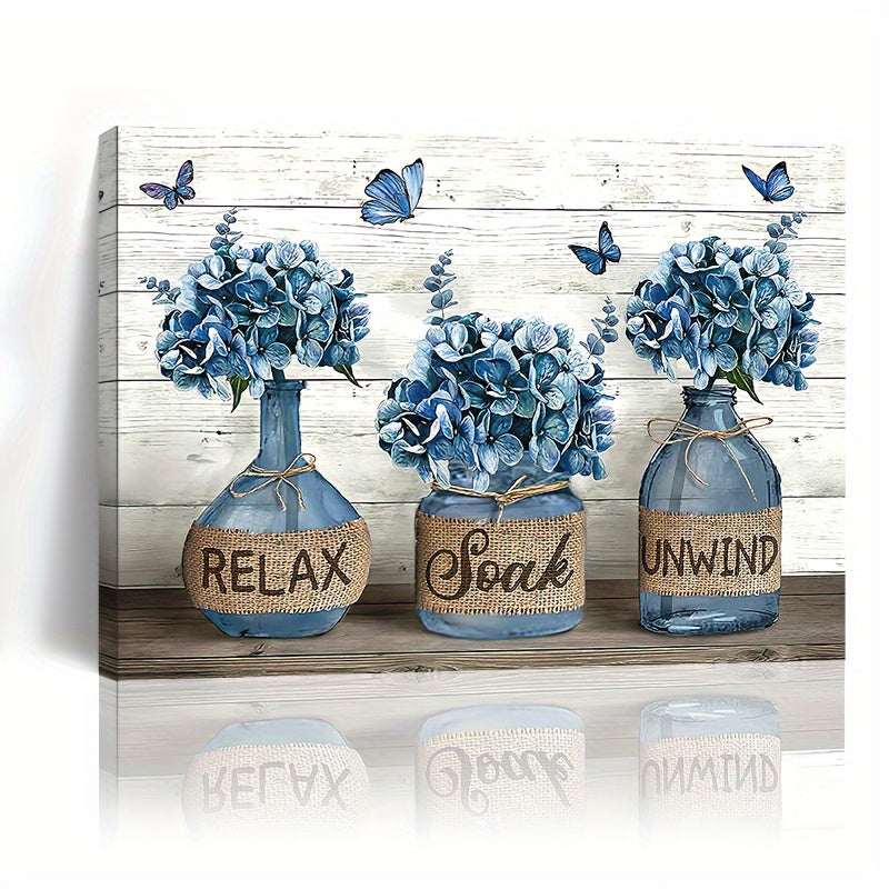 1pc Rustic Country Blue Hydrangea Bathroom Wall Art, Wooden Framed Canvas Painting, 11.8inch*15.7inch