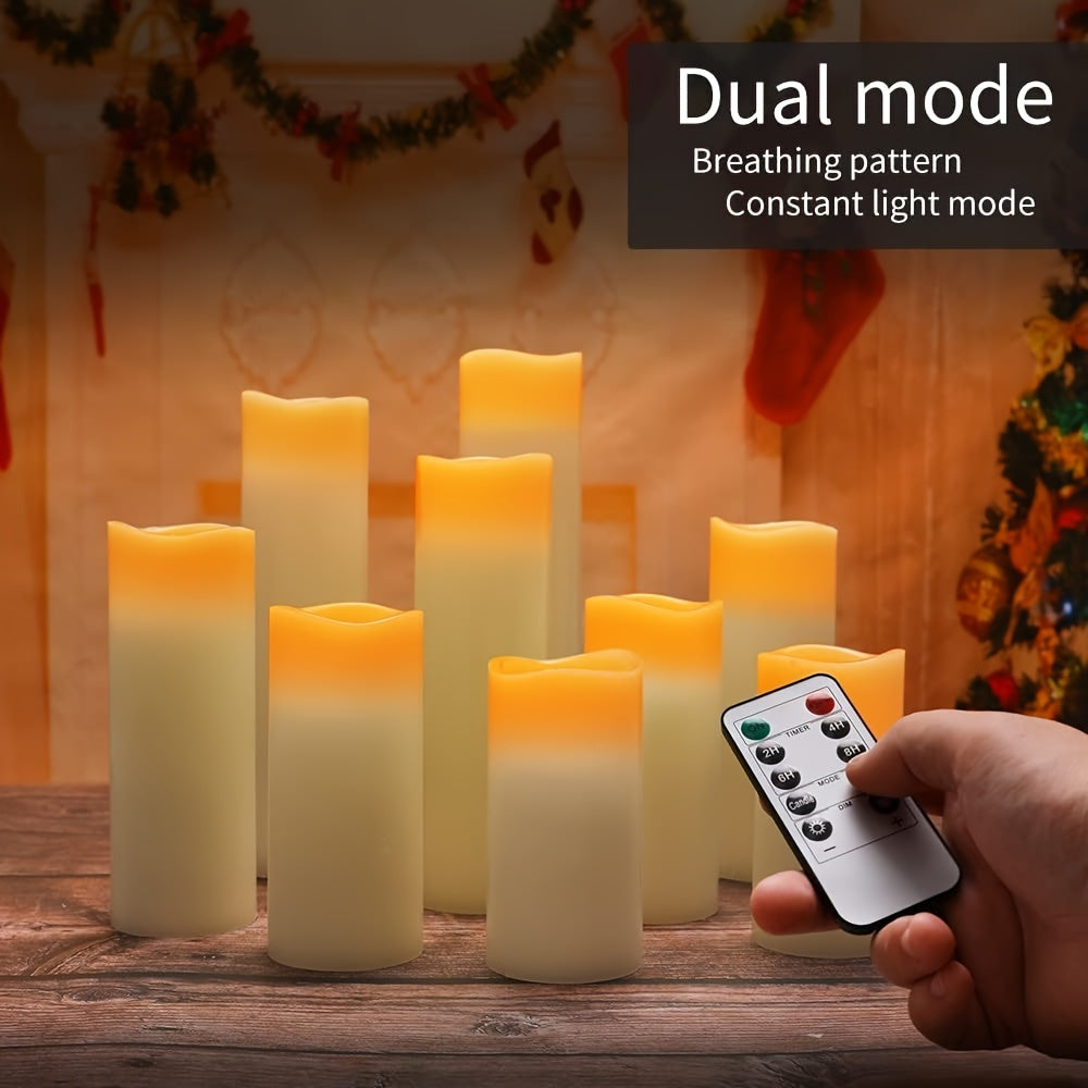 Flameless candle Battery powered 4.0inch 5.0inch 6.0inch 7.0inch 8.0inch 9-piece ivory white real wax column LED candle with remote control, cycle 24 hour timer