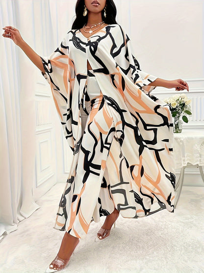 2 Pcs Chic Abstract Print Cover Up Outfit - Stylish Batwing Sleeve V Neck Split Hem Cover Up & Flattering Tie High Waist Wide Leg Pants for Women - Comfortable, Versatile, and Fashionable Clothing