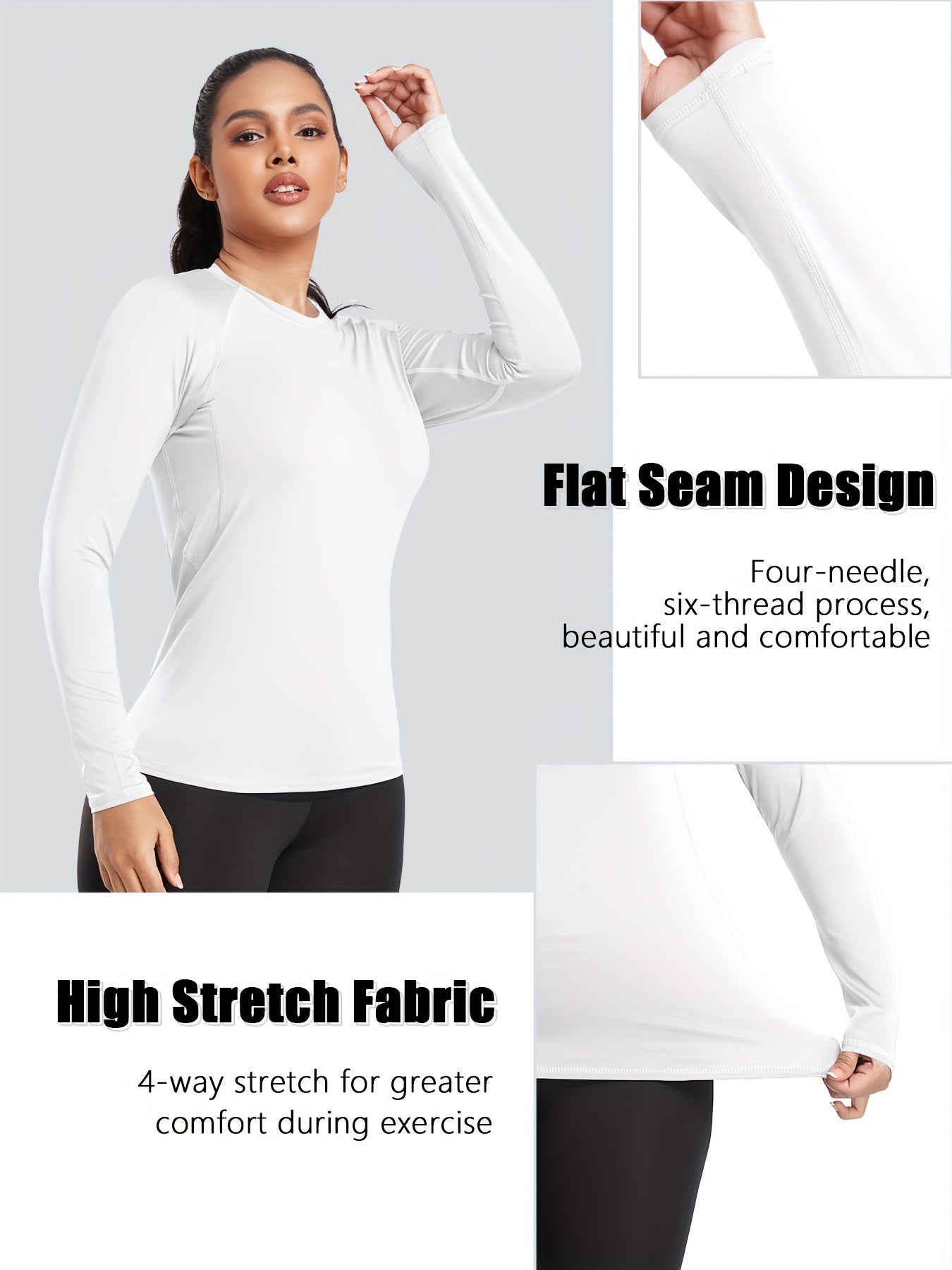 HOPLYNN 4 Pack Solid Color Sporty T-Shirt, Long Sleeves Round Neck Mid-Stretch Fitness Top, Women's Activewear