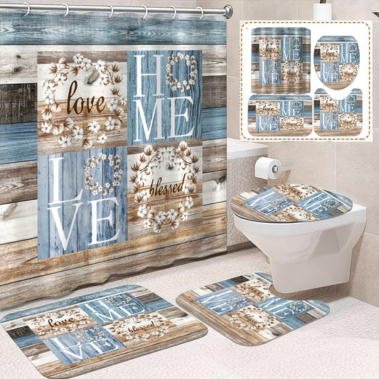 1/4pcs Rustic Bathroom Shower Curtain Set - Unique HOME Pattern Design, 12 Hooks, Non-Slip Bath Mat, U-Shaped Toilet Mat, Stylish Decor Accessories for a Cozy Bathroom Makeover