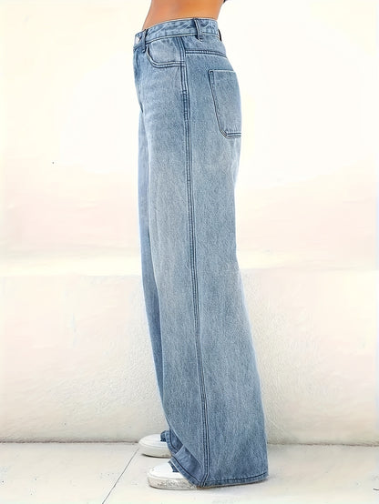 Women's Casual Wide Leg Jeans, Plain Washed Blue Denim Pants, Comfort Fit With Classic Design