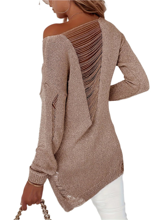 Cozy Ripped Boat Neck Split Sweater - Soft, Casual, Long Sleeve, Warm, and Versatile for Fall & Winter - Women's Fashionable Clothing for Everyday Wear