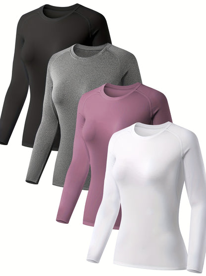 HOPLYNN 4 Pack Solid Color Sporty T-Shirt, Long Sleeves Round Neck Mid-Stretch Fitness Top, Women's Activewear