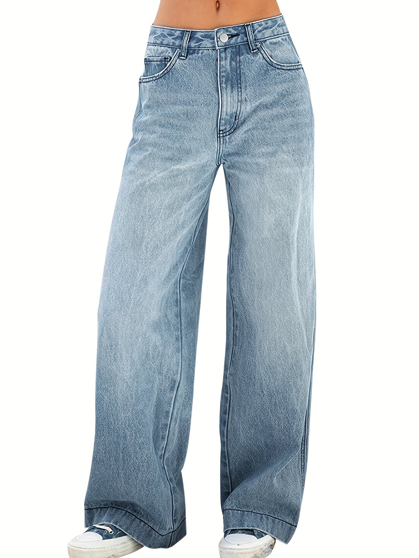 Women's Casual Wide Leg Jeans, Plain Washed Blue Denim Pants, Comfort Fit With Classic Design