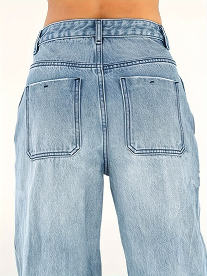 Women's Casual Wide Leg Jeans, Plain Washed Blue Denim Pants, Comfort Fit With Classic Design