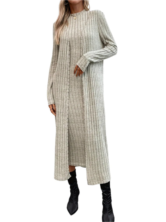 Two-Piece Ribbed Set - Soft, Stretchy, Open Front Long Cardigan & Sleeveless Bodycon Tank Dress Outfit for Women - Comfortable, Versatile, and Chic Clothing for Everyday Wear