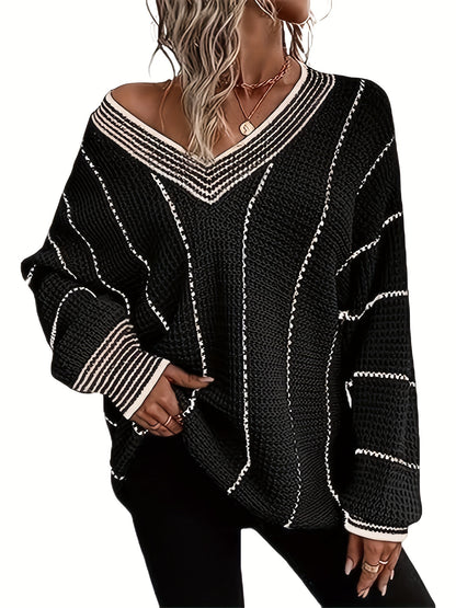 Cozy Striped V Neck Oversized Sweater - Pullovers for Women - Soft, Casual, Long Sleeve, Comfy, Relaxed Fit, Winter Essential Clothing