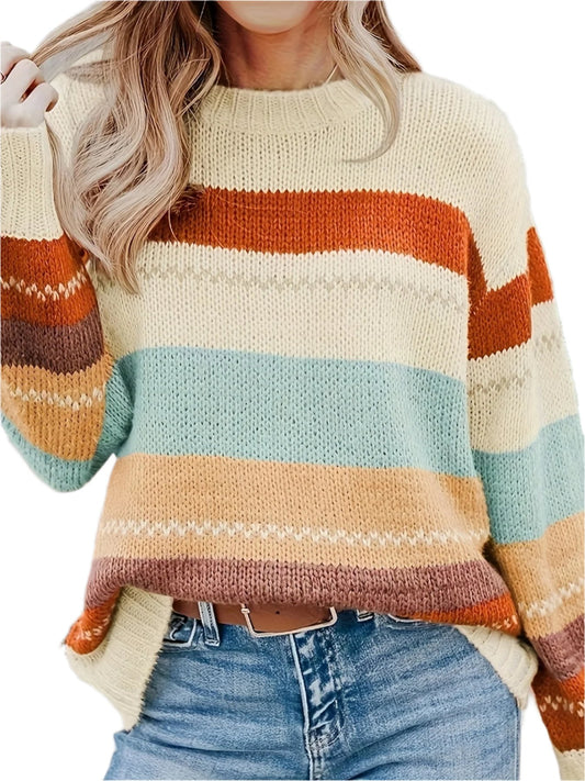 Cozy Striped Crew Neck Sweater - Soft, Long Sleeve, Drop Shoulder, Casual Pullover for Fall & Winter - Women's Comfortable Knitted Clothing for Chilly Days