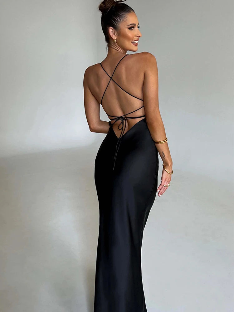 Articat Satin Sweetheart Neck Backless Lace Up Slip Dress Women