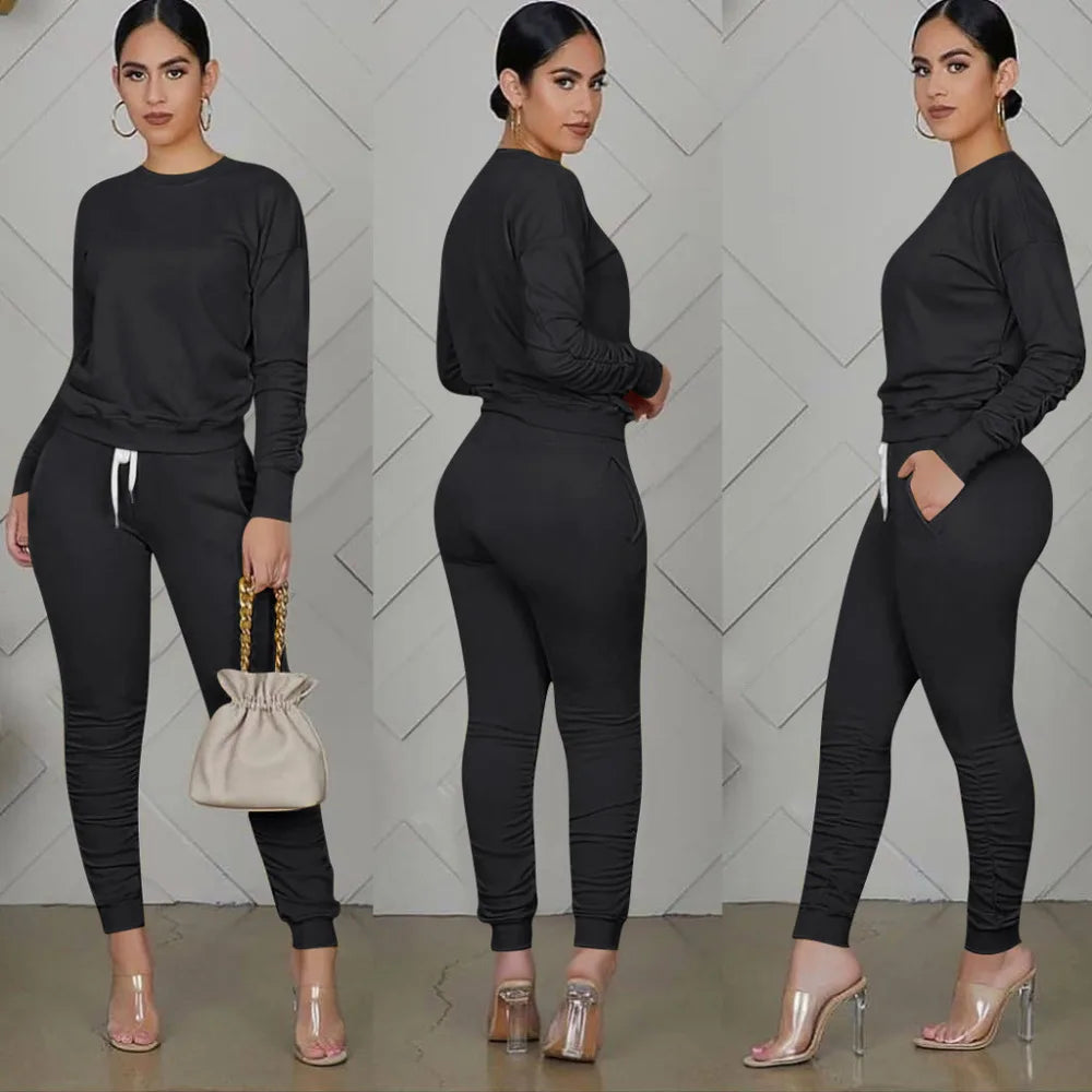 Casual Sporty Two Piece Long Sleeve Sweatshirt Top & Matching Stacked Jogger Set