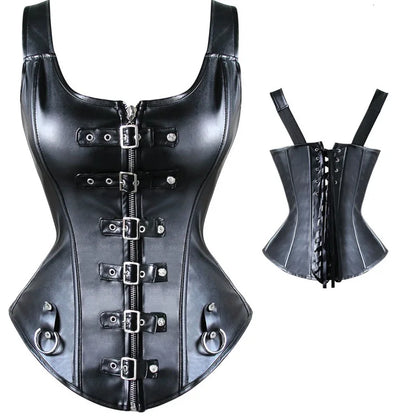 Faux Leather Overbust Corset Buckled Bustier Waist Trainer Vest Corset