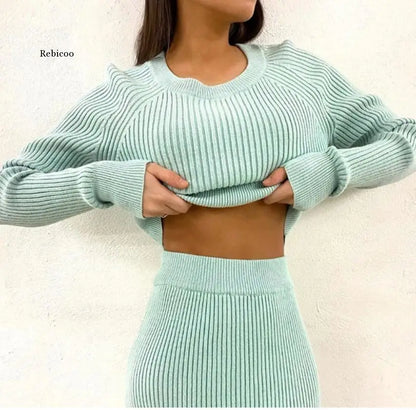 Rebicoo Knitted Sweater and Skirt Two Piece Outfit Set for Women