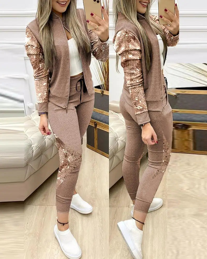 Leisure Sports Zipper Tops Coat Pants 2 Two Pieces Sets For Women Striped Stitching Comfortable Activewear Sets