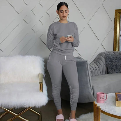 Casual Sporty Two Piece Long Sleeve Sweatshirt Top & Matching Stacked Jogger Set