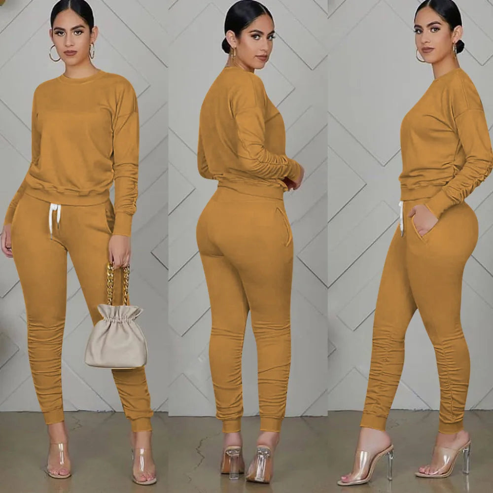 Casual Sporty Two Piece Long Sleeve Sweatshirt Top & Matching Stacked Jogger Set