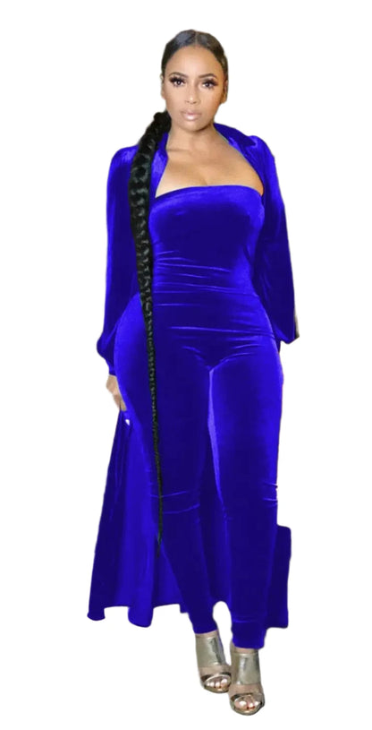 Velvet Sweatsuit Two 2 Piece Outfit X-Long Cloak Tops + Bodycon Romper Set