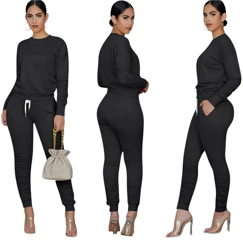 Casual Sporty Two Piece Long Sleeve Sweatshirt Top & Matching Stacked Jogger Set