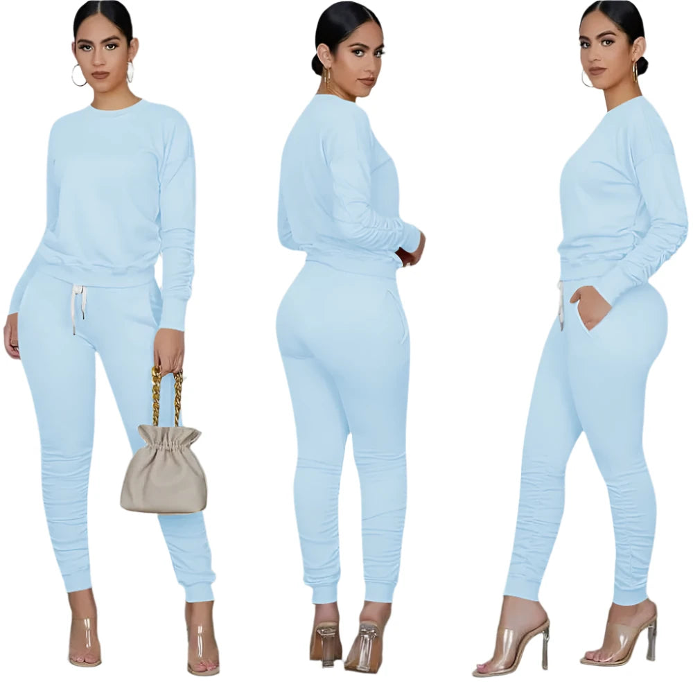 Casual Sporty Two Piece Long Sleeve Sweatshirt Top & Matching Stacked Jogger Set