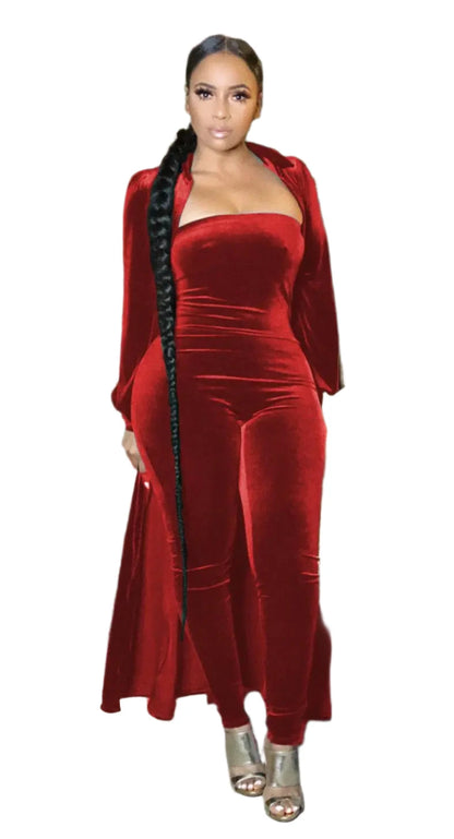 Velvet Sweatsuit Two 2 Piece Outfit X-Long Cloak Tops + Bodycon Romper Set