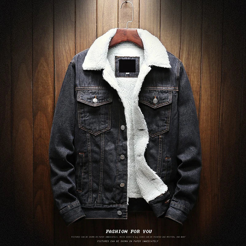 Men's Denim Cotton Jacket Lamb Wool Plush Long-sleeved Jeans Jacket