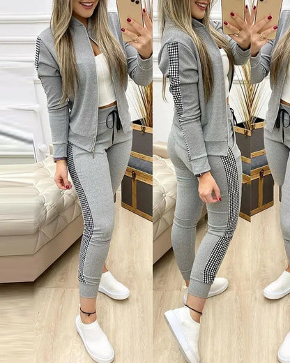 Leisure Sports Zipper Tops Coat Pants 2 Two Pieces Sets For Women Striped Stitching Comfortable Activewear Sets