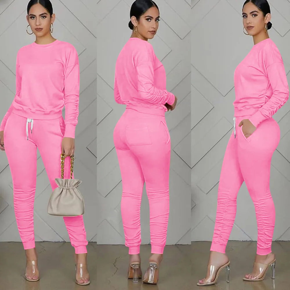 Casual Sporty Two Piece Long Sleeve Sweatshirt Top & Matching Stacked Jogger Set