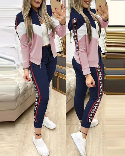 Leisure Sports Zipper Tops Coat Pants 2 Two Pieces Sets For Women Striped Stitching Comfortable Activewear Sets