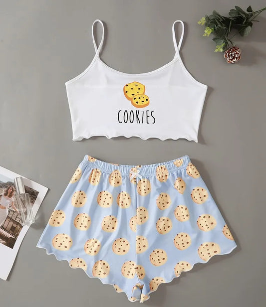 Fun Novelty Print Cropped Spaghetti Strap V-Neck & Shorts Two Piece Pajama Sleepwear Set